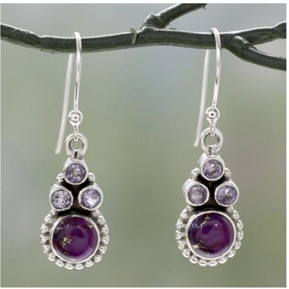 🏆052 Amethyst Earrings With Composite Turquoise Petite Flowers Jewelry - Picture 2 of 5